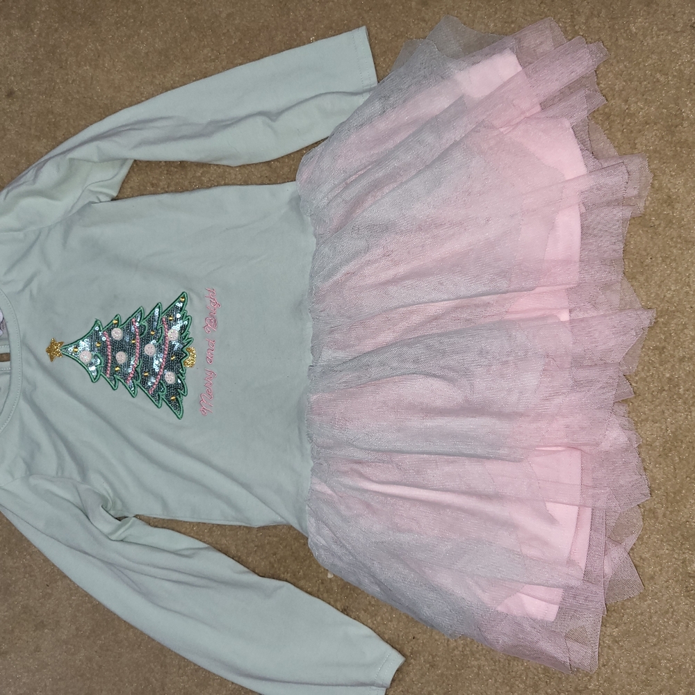 Kids Christmas Tree Dress with Pink Tulle Skirt